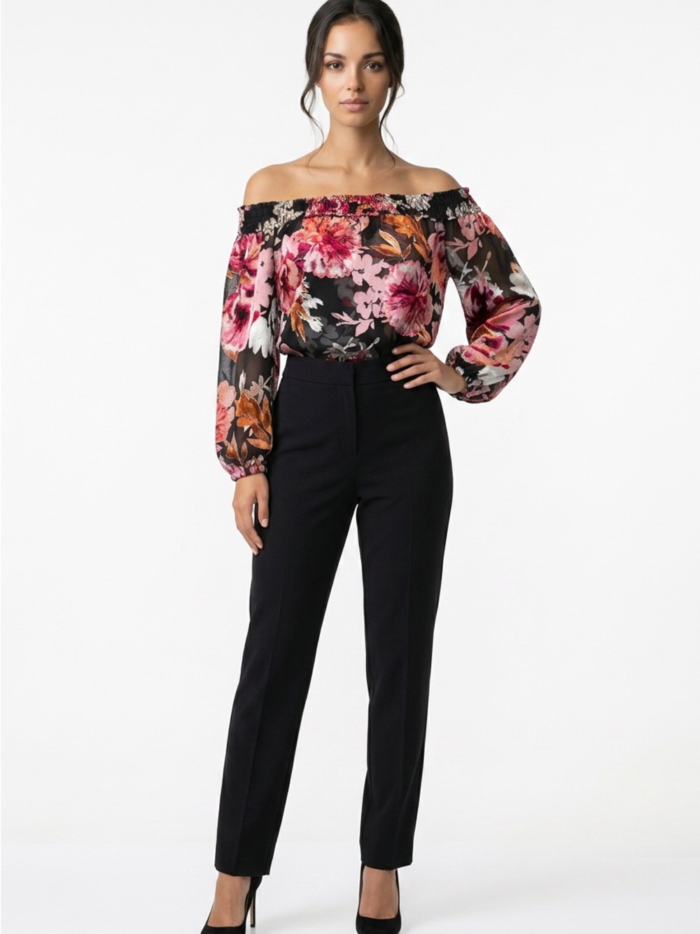 Satin Floral blouse can be worn as a off shoulder and regular for office looks